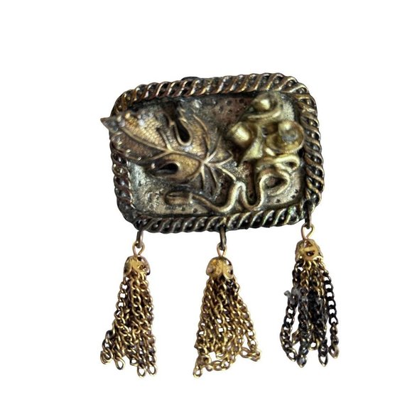 Antiqued Goldtone Rectangle Brooch Leaf and Flower Tassels 2"w x 2.75"l - Picture 2 of 5